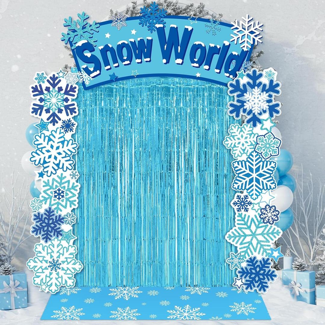 VitalCozy 7pcs Birthday Party Decorations Snowflake Tinsel Foil Fringe Curtains Porch Banners Snow Rug Backdrop for Wonderland Party Decoration Winter Supplies
