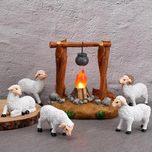 Barydat 6 Pcs Christmas Nativity Animals Set, 5 Inch White Sheep Animals Figurines Christmas LED Light up Nativity Collection Village Accessory Lighted Campfire Hand Sculpted and Painted Nativity Sets
