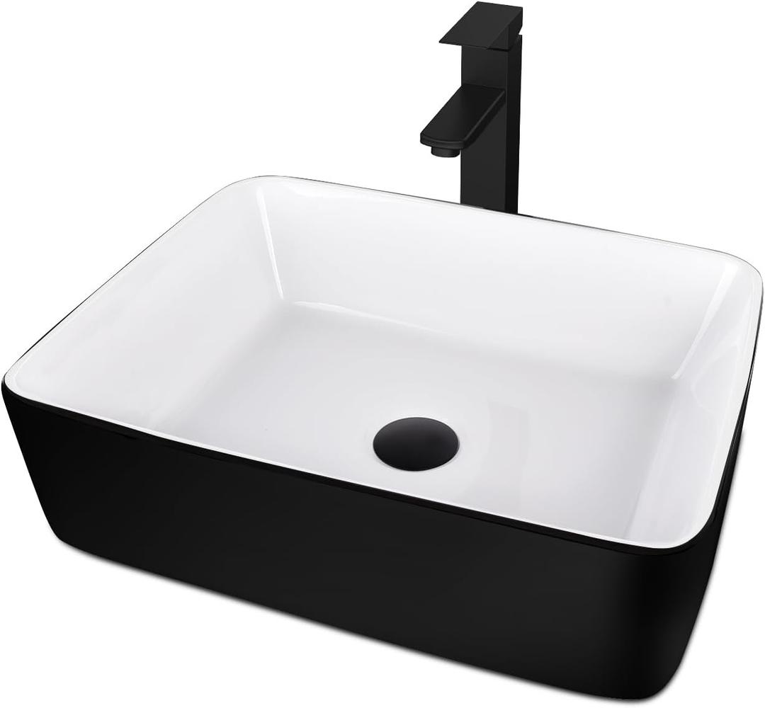 Ceramic Bathroom Sink, Black and White 19" x 15" Above Counter Porcelain Vessel Sink with Black Faucet and Pop up drain Set, Rectangle