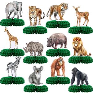 Yeaqee 12 Pcs Jungle Animals Honeycomb Centerpieces Safari Themed Birthday Party Supplies Wild Animals Jungle Party Decorations Baby Shower Table Decorations Centerpieces (Novel Style)