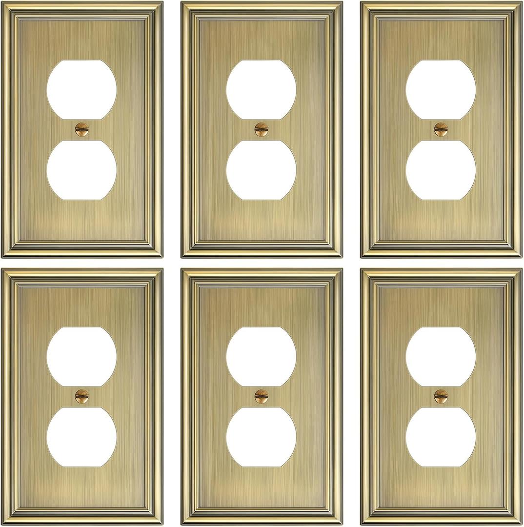 6-Pack Single Duplex Outlet Cover Plate, Decorative Antique Brass Switch Plates and Outlet Covers, Metal Wall Plates for Electrical Outlets, 1 Gang Receptacle Cover, Corrosion Resistant