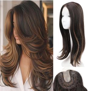 Lumhun 18Inch Hair Toppers for Women with Thinning Hair, Heat Resistant Fibre Synthetic 6.5" x 6.5" Base,Long Layered Topper for Women(Dark Brown with Highlights.18inch)