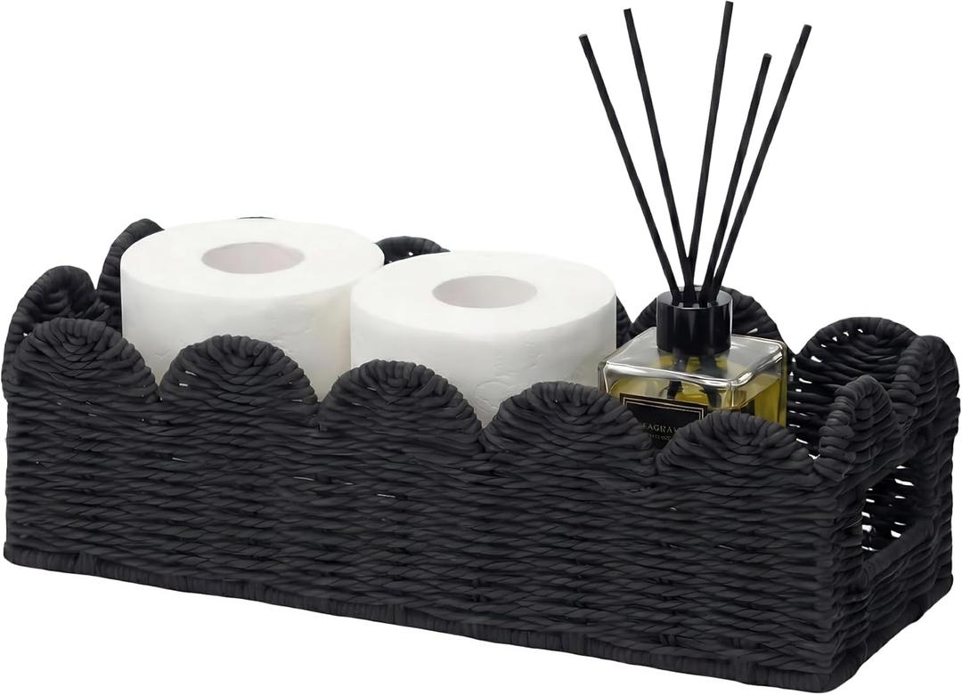 Black Scalloped Toilet Tank Basket, Handwoven Paper Rope Toilet Paper Holder Basket with Built-In Handles, Narrow Back of Toilet Storage Tray for Bathroom Counter, Tissues & Toiletries Organizer