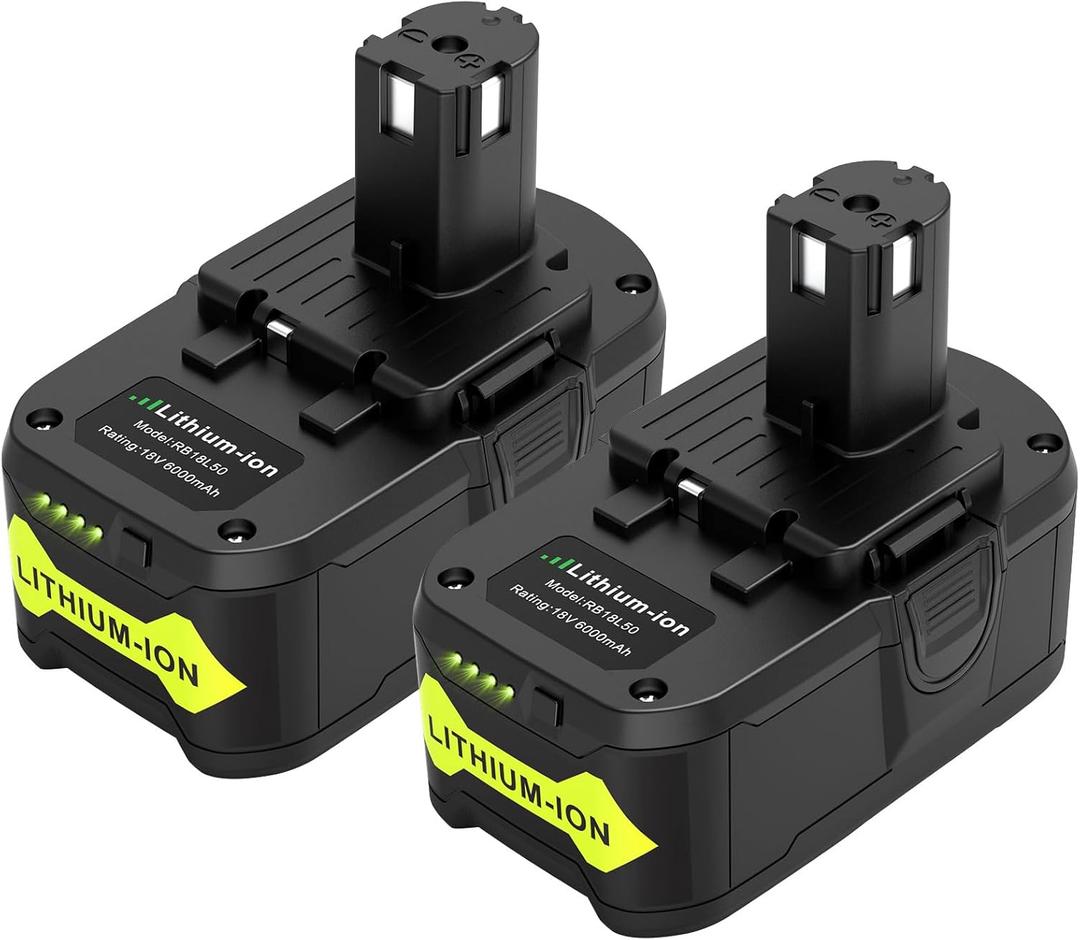 2-Pack 6.0 Ah 18 Volt RB18L50 Replacement for Ryobi 18v Battery Lithium, High Capacity Battery Long Lasting Strong Power Rapid Charge with LED, Compatible for P102 P103 P104 P105 P107