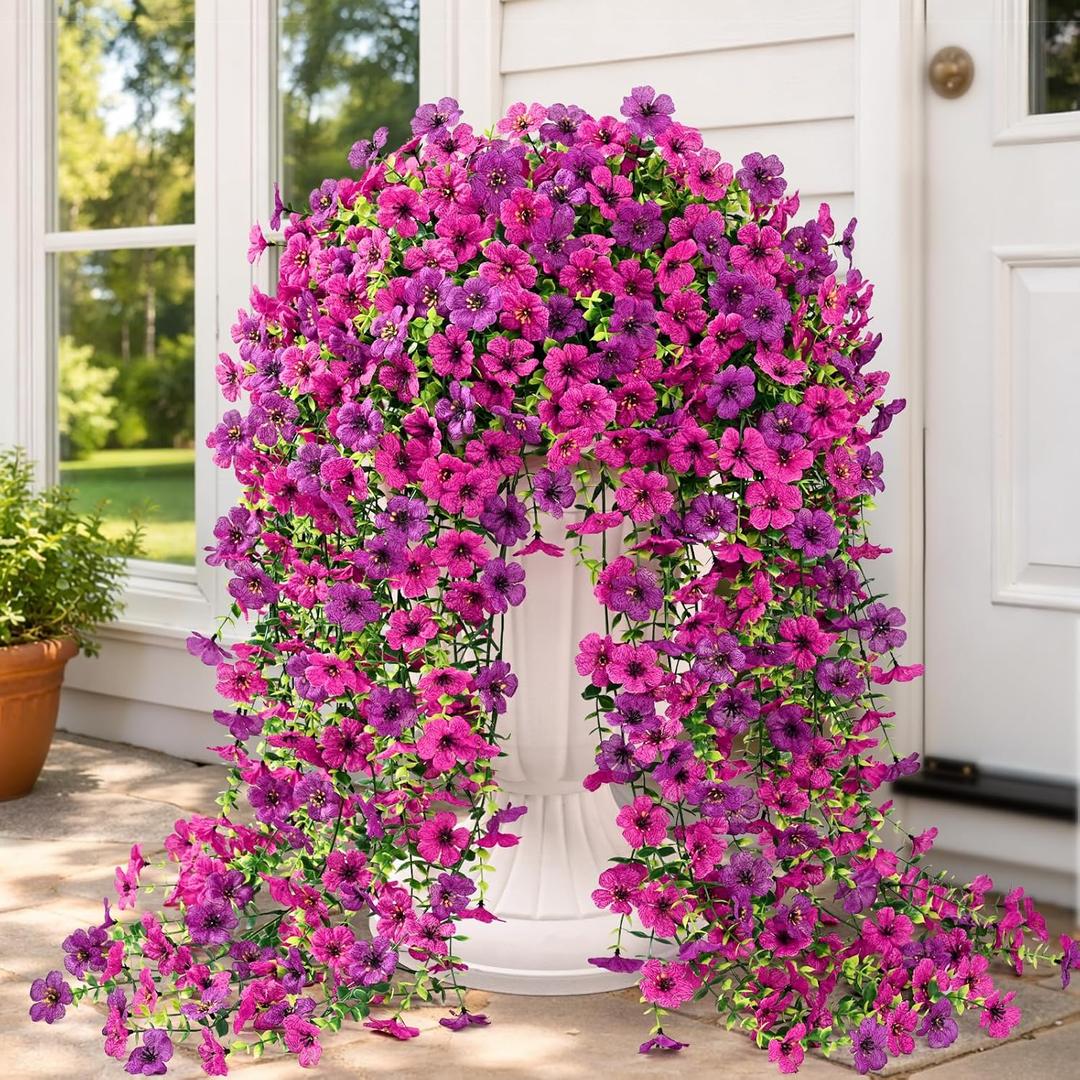 Yastouay 4 Pcs Artificial Flowers for Outdoors, UV Resistant Fake Outdoor Flowers, Realistic Artificial Plants & Flowers for Outdoor Porch Patio Window Garden Decor(Purple & Rose Red)