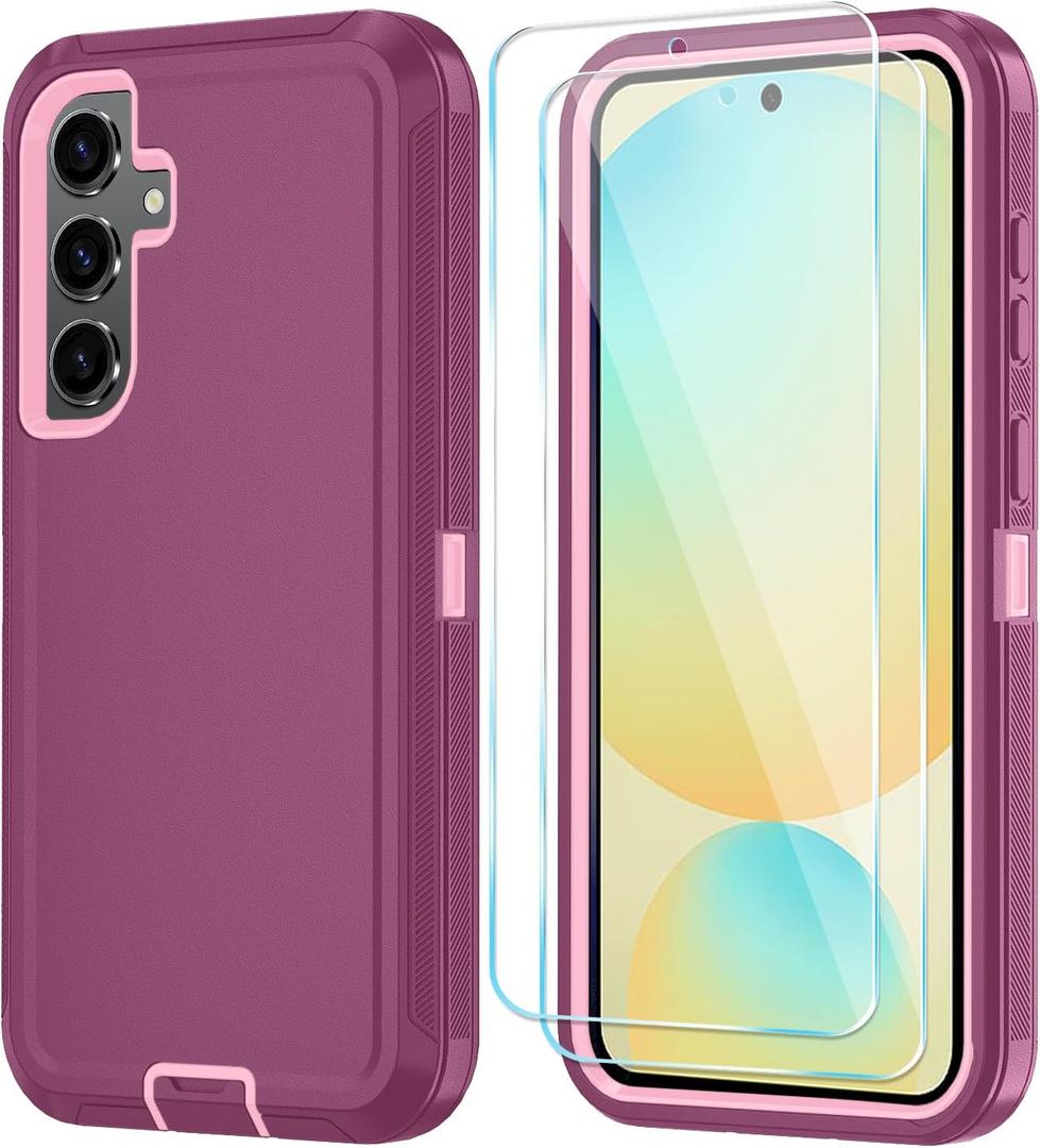 ONOLA Phone Case for Samsung Galaxy S24 FE Case with HD Screen Protector, Heavy Duty Shockproof & Dropproof 3-Layer Cover Phone Case for Galaxy S24 FE 6.7'',WineRed Pink