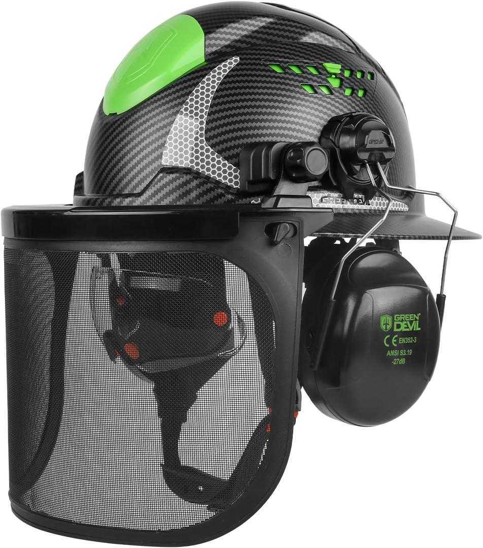 GREEN DEVIL Industrial Chainsaw Helmet with Face Shield Built in Visor and Ear Muffs 4 in 1 System ANSI Z89.1 Safety Hard Hat Adjustable Headgear Ideal for Forestry and Arborist Work Full Brim Style