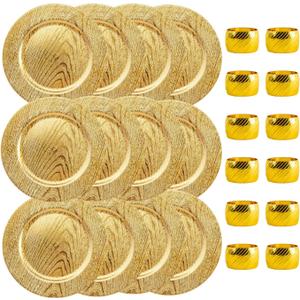 13 Inch Round Elegant Serve ware Charger Plates with Matching Napkin Rings, Wedding, Dinner party, Event - Choose from our Variety of Styles and Quantities (12, Moslem Gold)
