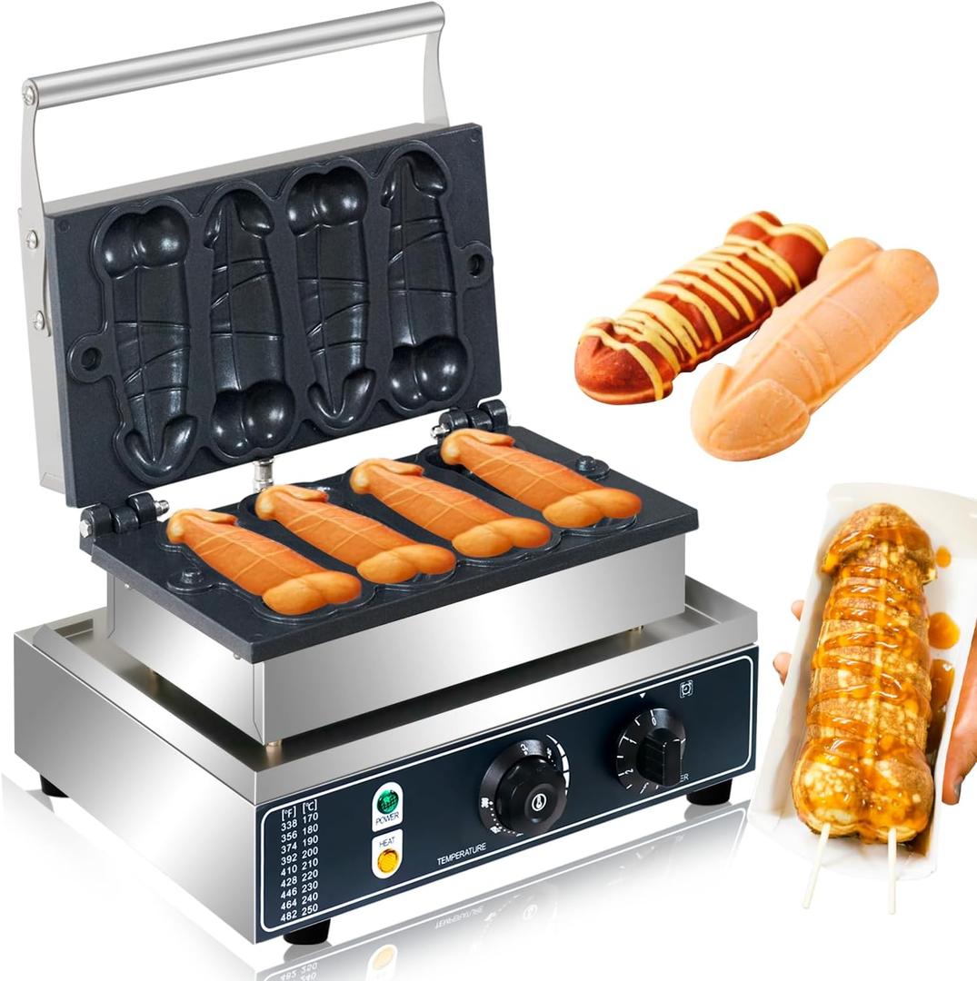 Commercial Strange Shape Waffle Machine 4 PCS Non Stick Penis Waffle Iron 1600W Stainless Steel Hot Dog Sausage Baker, for Restaurant, Snack Bar Dessert Shops