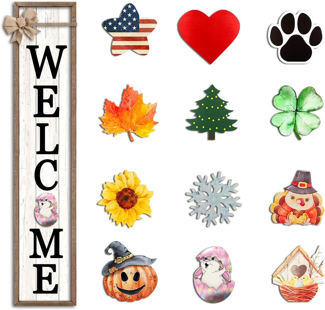 Surfapans Interchangeable Welcome Sign for Front Porch Standing 45"X9" Large with 12 Pcs Replaceable Icons Outdoor Decorations Frame Tall Vertical Outside Farmhouse Rustic Door Decor (Wood)