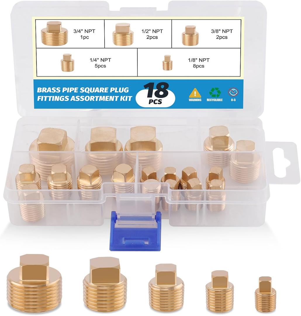18PCS Brass Pipe Fitting,1/8" 1/4" 3/8" 1/2" 3/4" NPT Male Square Head Plug Brass Cored Plugs Fittings for Boat,Gas,Drain Plug