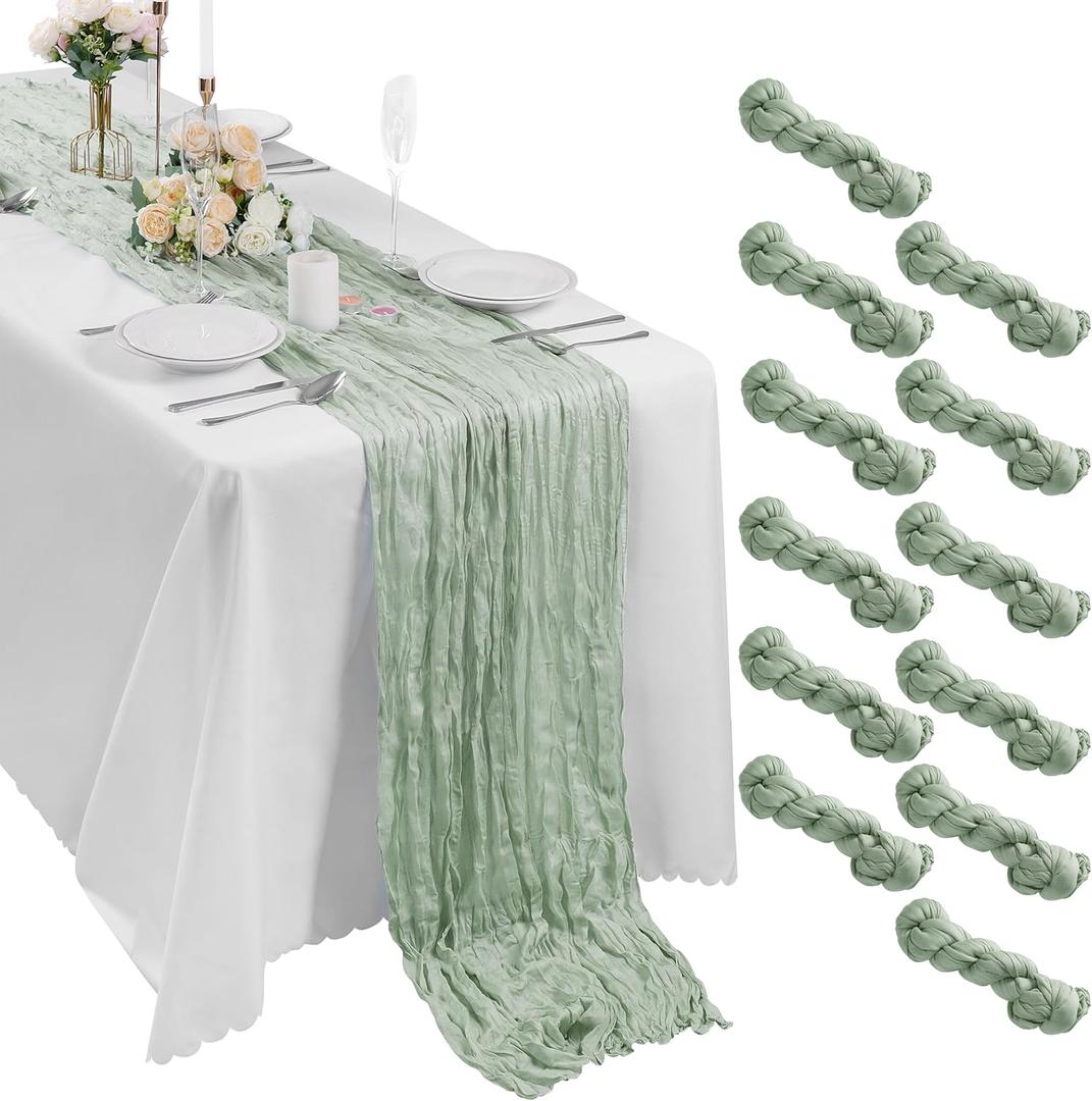 Bailarina 12 Pack Cheesecloth Table Runner 17x108 Inch Long Gauze Cheese Cloth 9ft Wrinkled Sheer Table Runner for Wedding Reception Birthday Party Table Decoration (Sage Green)