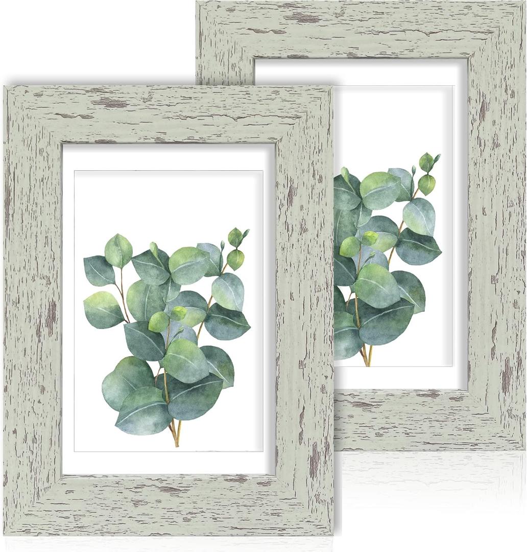 Hongkee 4x6 Picture Frame Set of 2, Made of Real Glass and Sage Green Wooden Frame - Display Pictures 3.5x5 with Mat or 4x6 Without Mat, 4 by 6 Photo Frame for Wall or Tabletop Display