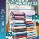 Extra Large 15 Gallon Storage Bags - 24 x 24 with Resealable Zip and Carry Handle, Ideal for Clothes, Pillows, Moving and Travel, Set of 15