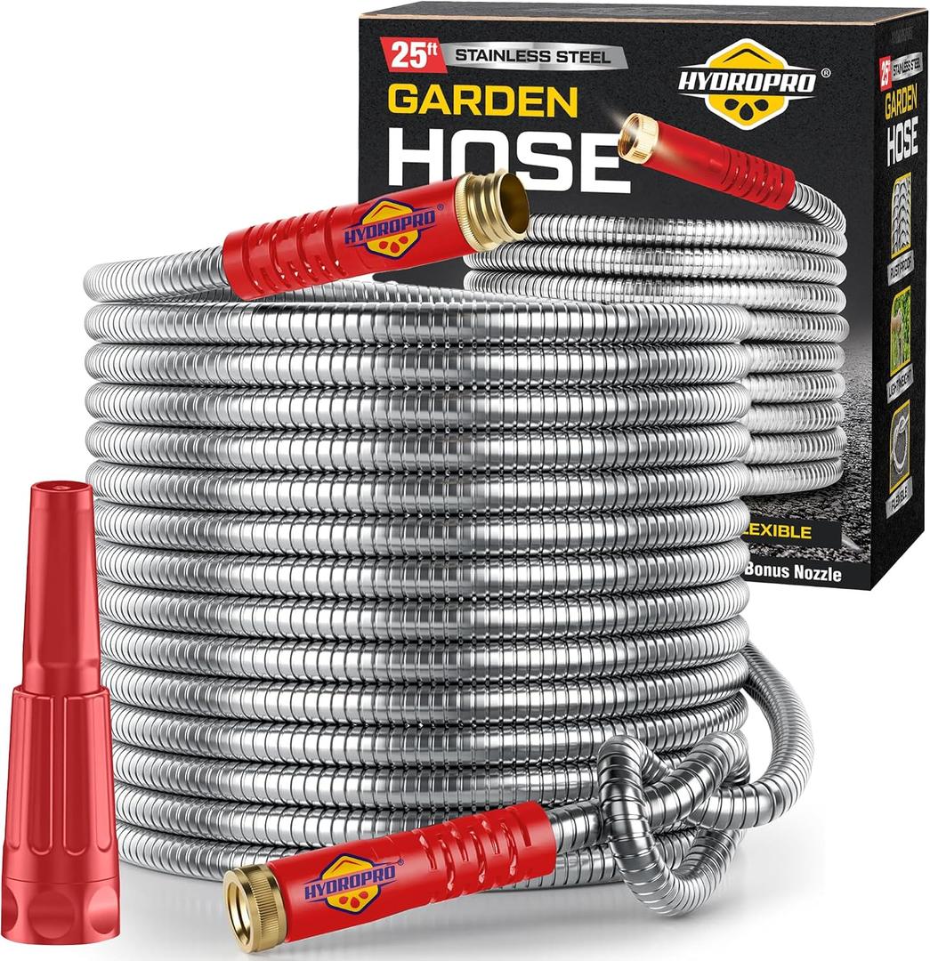 Stainless Steel Water Hose | Heavy Duty Metal Garden Hose with Nozzle | Kink Free, Anti Rust | Flexible and Lightweight Water Pipe for Gardening HydroPro