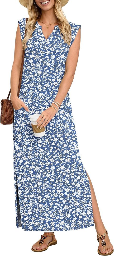 AUSELILY Women's V Neck Maxi Dresses, Straight-Cut Wrinkle-Free, Loose Split Sleeveless Vacation Dress with Pockets 2026 (Blue, XXL)