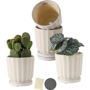 TAMAYKIM 4.5 Inch Ceramic Plant Pots with Drainage Holes, Serrated Relief Design Small Flower Planter with Tray for Indoor/Outdoor Planting, Best for Succulent, Cactus & Herbs, White, Set of 4