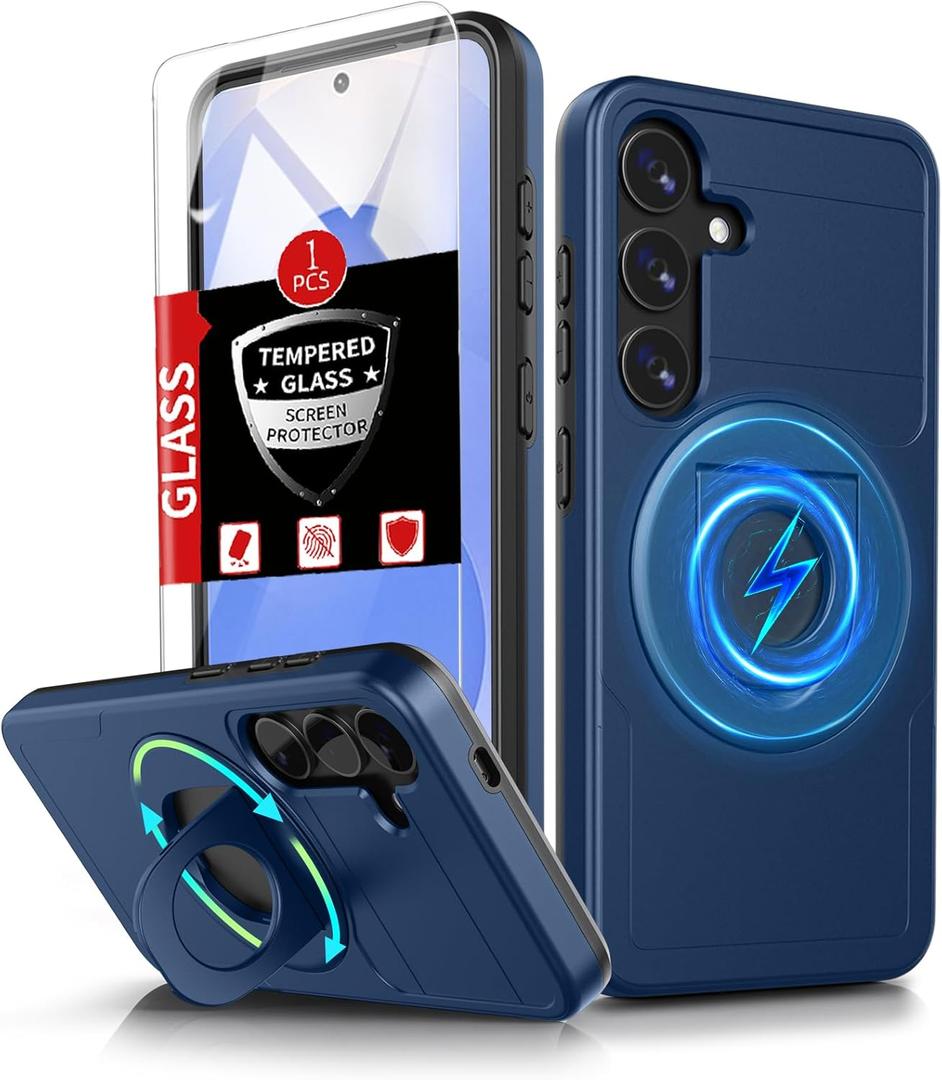 for Samsung Galaxy S25 Plus Case Magnetic Compatible with MagSafe Wireless Charging,with Screen Protector,for S25+Plus Case with Stand Ring Anti-Scratch Shockproof Heavy Duty Protection Blue