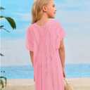 SOLY HUX Girl's V Neck Crochet Short Sleeve Beach Dress Summer Swimsuit Bikini Cover Up (Pink)