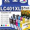 KINGWAY LC401XL Ink Cartridges for Brother High Yield Compatible for Brother LC401 Ink Cartridges LC401XL 401 XL Ink cartridges with MFC-J1010DW MFC-J1170DW MFC-J1012DW MFC-J1800DW Printe (5 Pack)