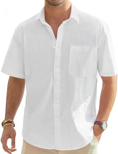 J.VER Men's Cotton Linen Short Sleeve Shirts Casual Lightweight Button Down Shirts Vacation Beach Summer Tops with Pocket 3XL