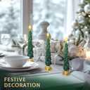 Honoson 3 Sets Christmas Tree Flameless Taper Candles with Remote Timer 10" LED Candles Battery Operated Green Candlesticks with 3D Flickering Flame for Holiday Window Fireplace Decor(Gold Base)