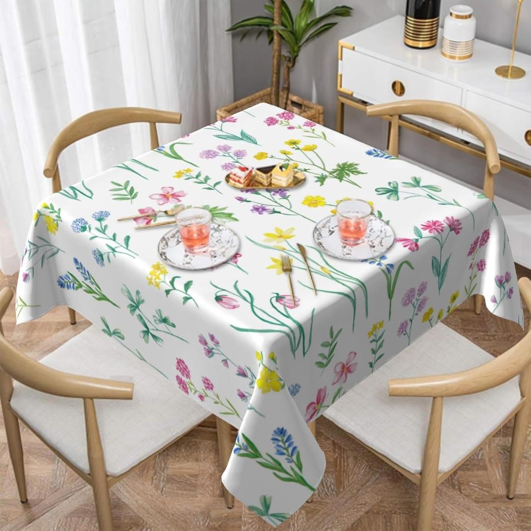Spring Tablecloth 54x54 Inch Square Floral Table Cloth Water-Resistant Spill-Proof Washable Fabric Tablecover for Kitchen Dining Party Picnic Indoor Outdoor