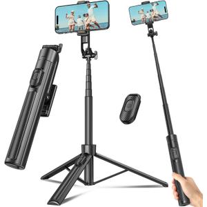 Selfie Stick Travel Tripod for Cell Phone with Remote Control and Phone Holder, Extendable Selfie Stick for iPhone, iPhone Tripod for Video Recording, 63 Inch, Black