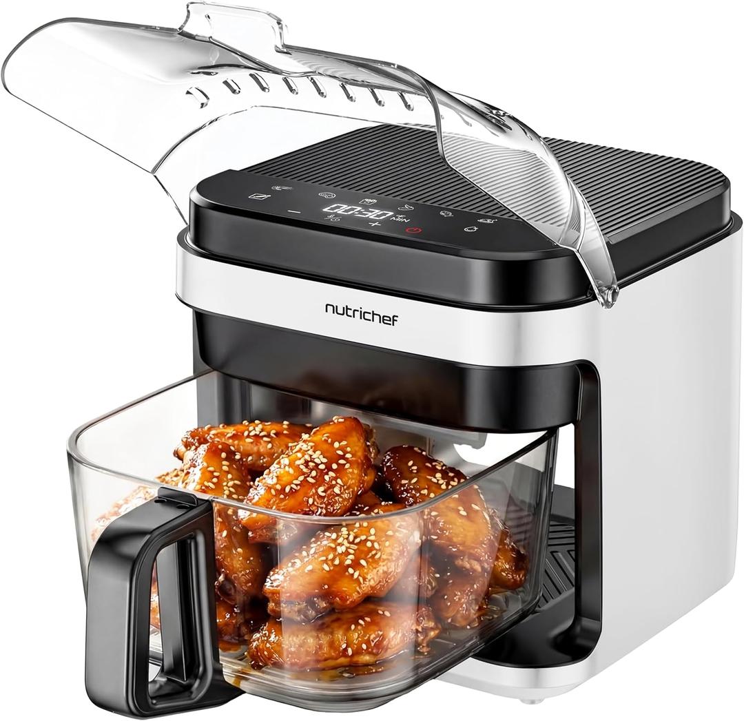 NutriChef 5.8 Quart Air Fryer | Glass Airfryer with 8-in-1 Digital Presets | Stainless Steel Fryer Design | Glass Fry Bowl with Flip-Up Safety Shield | Compact Air-Fryer for Even Cooking | White, 5.8 QT