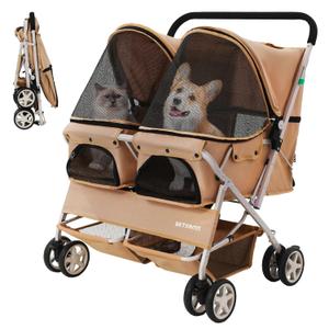 Double Pet Stroller for 2 Small Dogs & Cats, Side-by-Side Twin Travel Carriage with Safety Leashes, Mesh Windows & Double Storage Baskets, Lightweight & Foldable, 44lbs Capacity, Khaki