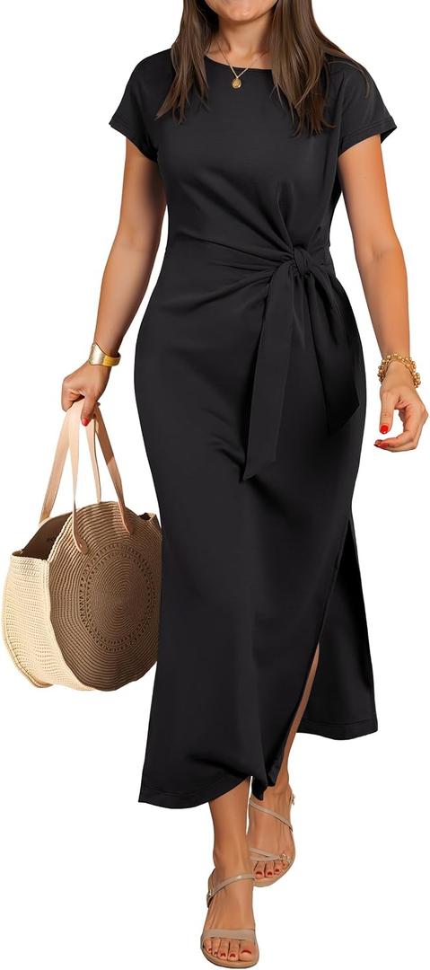 ANRABESS Womens Summer Maxi Dress Casual Crew Neck Tie Waist Split Wrinkle-Free Fit Long Fashion Vacation Dresses 2026 Spring (Black, L)