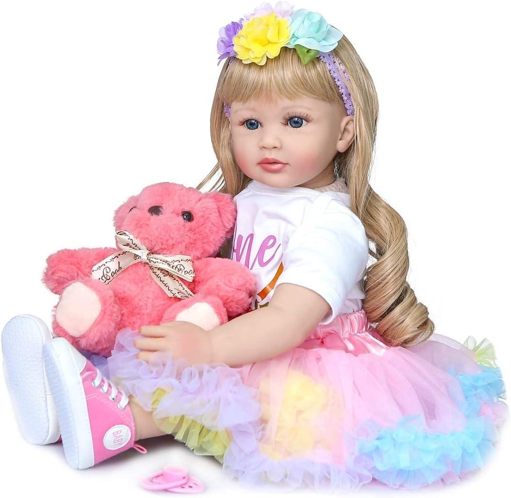 RXDOLL Toddler Reborn Baby Doll Girl Princess with Curly Blonde Hair 24 Inch 60cm Real Life Looking Reborn Toddler Dolls Soft Body Snuggle Cuddle Doll for Girls Gifts (White & Pink Dress-cloth Body)