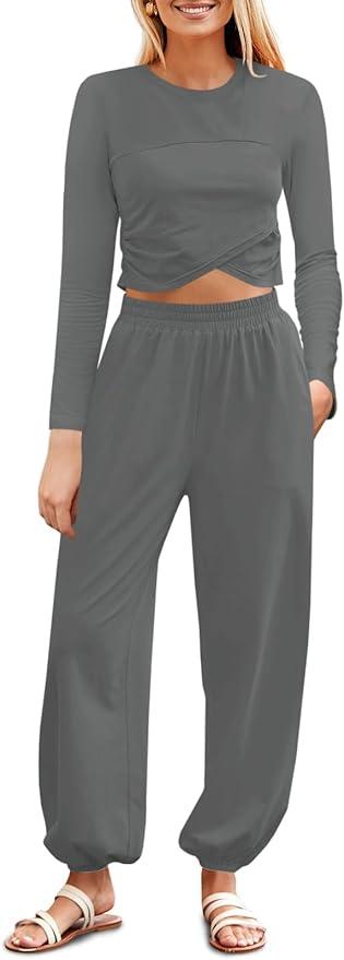 Fisoew Women's 2 Piece Lounge Sets Casual Long Sleeve Crossover Crop Tops Jogger Pants Tracksuits Outfits, Medium