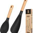 Cooking Spoon and Rice Scooper for Nonstick Cookwares, Great for Cooking and Serving Sturdy BPA-Free Matte Silicone, Wood Handle Spoon for Mixing, Scoop, and Scrape (Black)