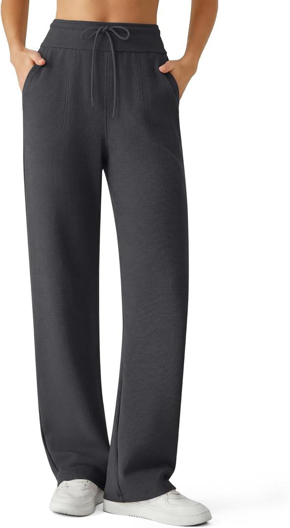 G4Free Women's Waffle Knit Wide Leg Pants  High Waisted Sweatpants with Pockets Casual Straight Leg Pants (X-Small Petite, Dark Gray)