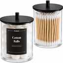 Glass Qtip Holder Dispenser Set - 15oz & 10oz Cotton Swab Holder with Black Wooden Lids, Apothecary Jar Bathroom Storage Canisters for Cotton Balls, Floss Picks, Vanity Organizer Container (2 Pack)