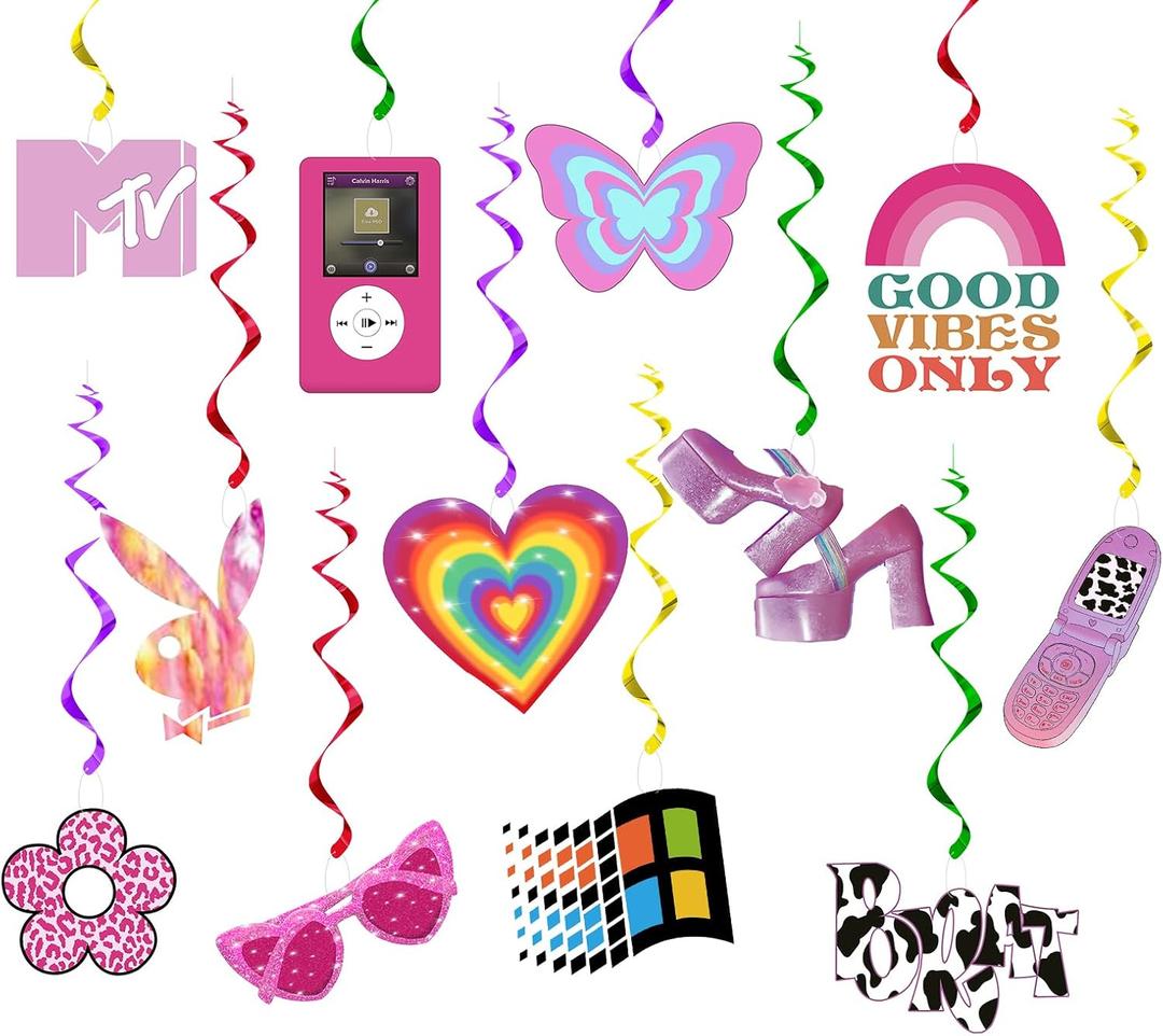 24Pcs Y2k 2000s Pink Party Swirl Decorations Hanging Spiral Decor Whirl Streamers Rainbow Hearts Ceiling Streamers Y2k Spiral Favors for Birthday Female Bachelorette
