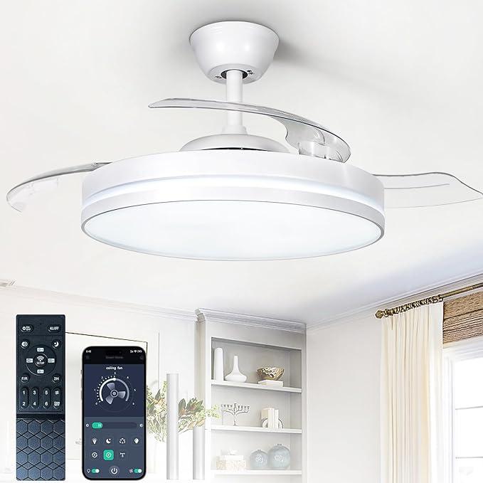 Depuley Retractable Ceiling Fans with Lights: 42 Inch Modern Fandelier Ceiling Fan with Light Remote & APP Control - White Dimmable LED Chandelier Fan Invisible Blades Reversible for Living Room