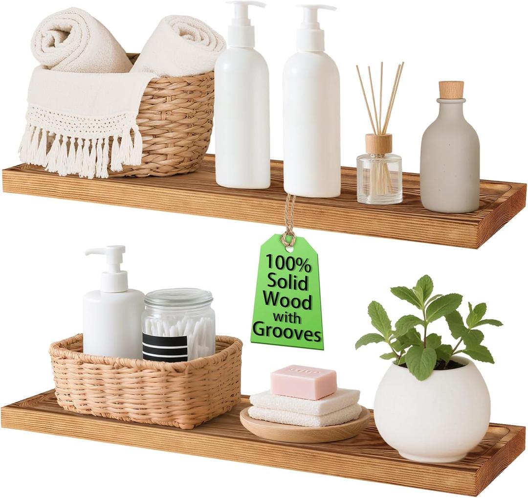 Solid Wood Floating Shelves Bathroom 24 inch Rustic Wall Wood Display Shelves with Grooves Set of 2 Home Decor for Living Room Bedroom Kitchen Farmhouse 24x6.7 inch - Brown
