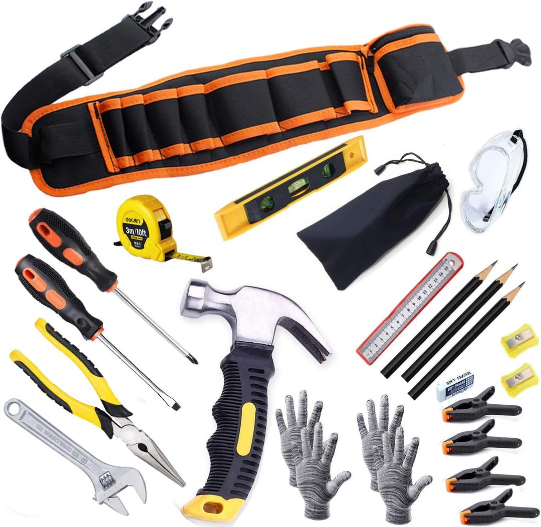 Kids Real Tool Set 25Pcs for Young Builders,Children Size Real Hand Tools Hammer,Kids Educational Tool Belt Waist Junior Boys Teens Beginner Starter Learning DIY Woodworking Construction Repair Set