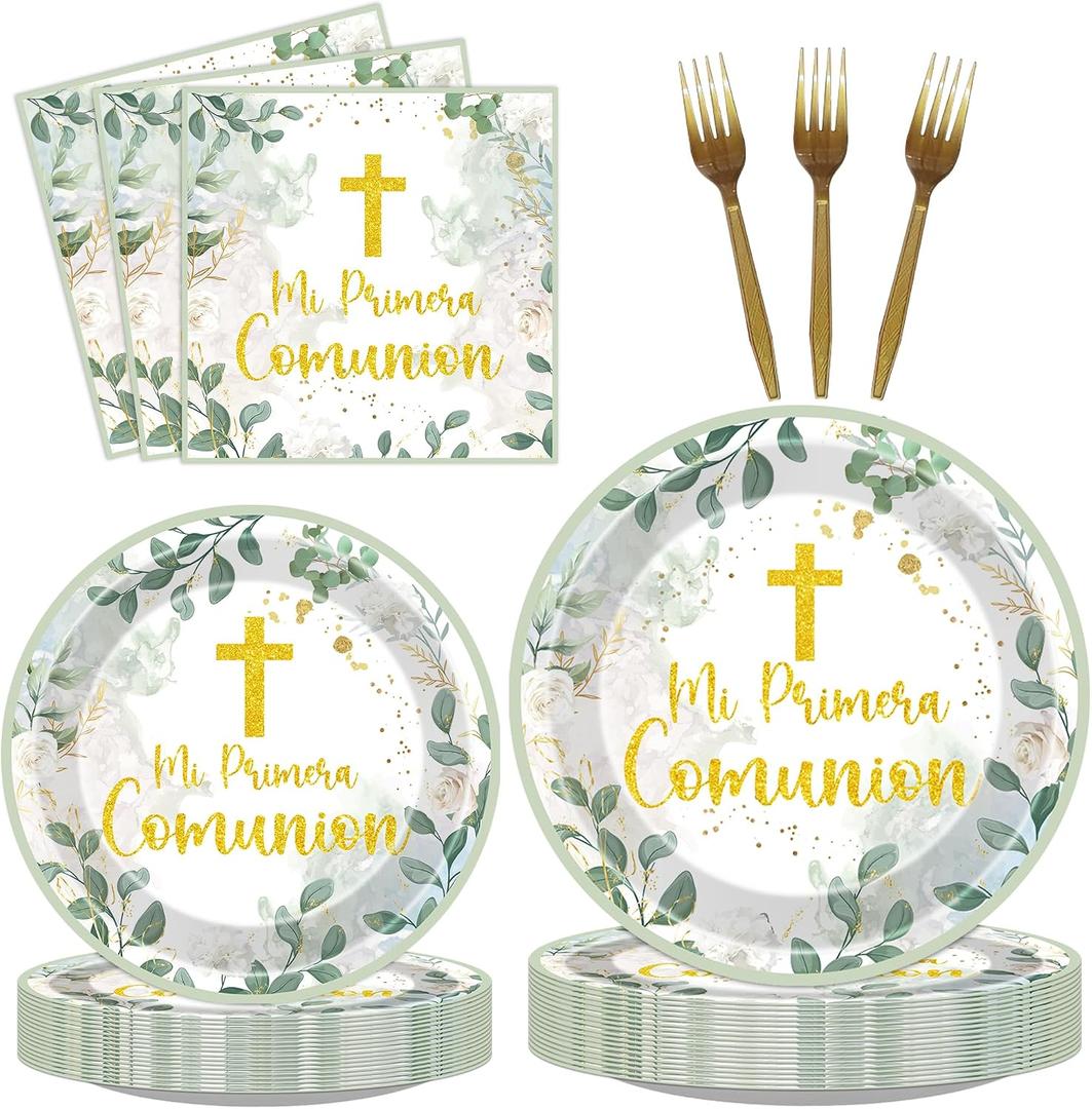 Mi Primera Comunion Decoracion - 96 Pcs Green First Communion Holy Party Decorations Paper Plates Napkins Forks Tableware Set Disposable Baptism 1st Religious Supplies Decor Serve 24 Guests