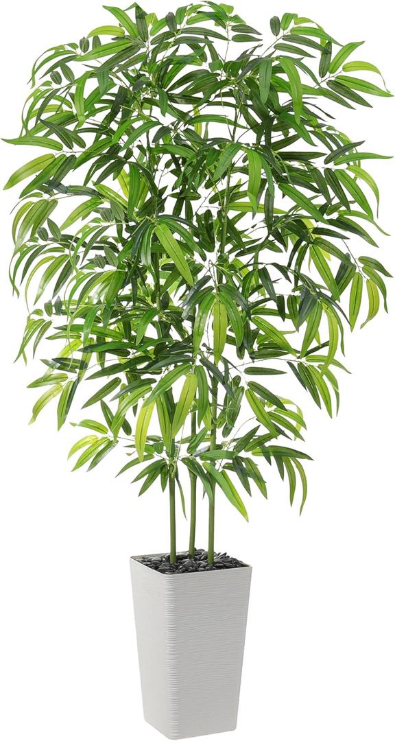 Artificial Bamboo Tree 5FT Tall Fake Plants Faux Bamboo Plant with White Tall Planter, Artificial Fake Trees Silk Plant with 3 Trunks and Lifelike Leaves for Home Office Indoor Outdoor Decor