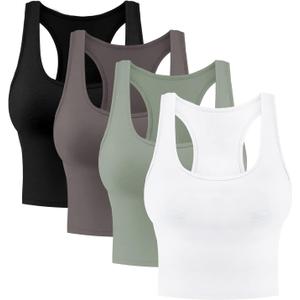 4 Pieces Women's Crop Tops Cotton Basic Tank Tops Racerback Sleeveless Sports Workout Crop Tank Tops (Black,white,coffee,olive)
