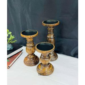 EDHAS Natural Round Turned Candle Holders for Pillar Candles Set of 3 Vintage Style Mango Wood Candle Holder for Centerpiece for Dining, Living Room