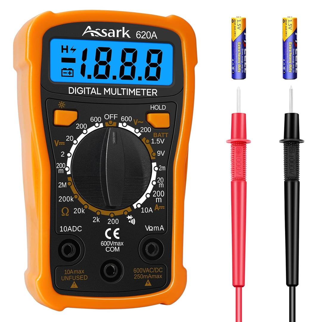 Digital Multimeter Voltage Tester, Assark 2000 Counts Multimeter Measure AC DC Voltage DC Current, Meter Tester Test Volt Ohm Amp Diode Continuity, Resistance, Backlit LCD Display, Data Hold Function (Orange)