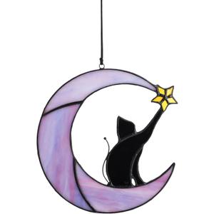 HDCRYSTALGIFTS 6.5'' Black Cat Decor on Purple Moon Stained Glass Window Hanging Suncatcher,Wall Art Glass Window Panel Sun Catcher,Christmas Ornament Decoration Memorial Gift for Lover Cat Loss