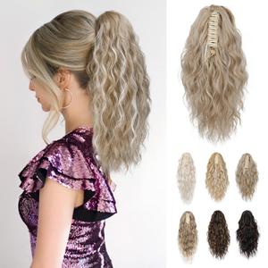 REECHO Ponytail Extension, 14 Inch Claw Clip Ponytail Extension Curly Wavy Pony Tails Hair Extensions Synthetic Thick Hair Pieces for Women - Light Blonde with Highlights