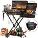 Portable Charcoal Grill with Smoking Function, Foldable Suitcase Design with Wheels, Multi-Tier Storage Rack & Waterproof Cover for Outdoor BBQ Parties (Khaki)