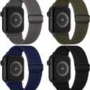 4 Pack Stretchy Solo Loop Compatible with Apple Watch Bands Women Men, Sport Nylon Elastic Straps Wristbands for iWatch Series Ultra/SE 3 2 (Black/Grey/ArmyGreen/MidnightBlue) 42mm(Series 3)/44mm/45mm/46mm/49mm