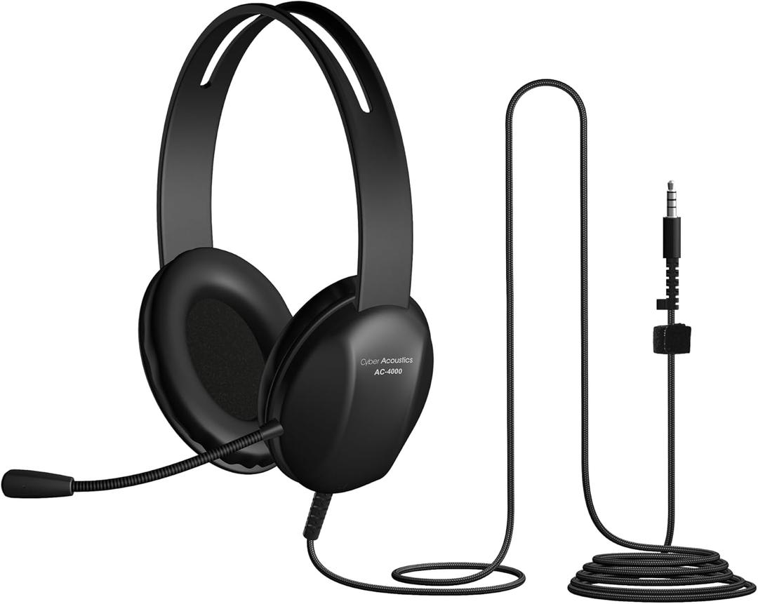 Cyber Acoustics Stereo PC Headset (AC-4000), 3.5mm Connection, Noise Canceling Microphone for PC, Mac and, Tablets, Perfect for Classroom or Home (1 Unit)